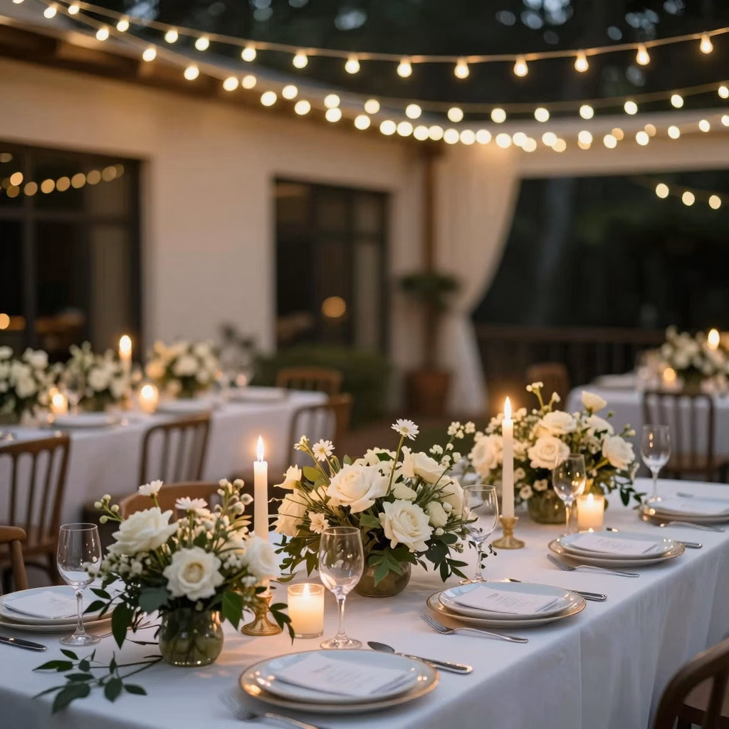 C&eacute;r&eacute;monie de mariage en plein air avec arche florale, guirlandes lumineuses et chaises &eacute;l&eacute;gantes au coucher de soleil