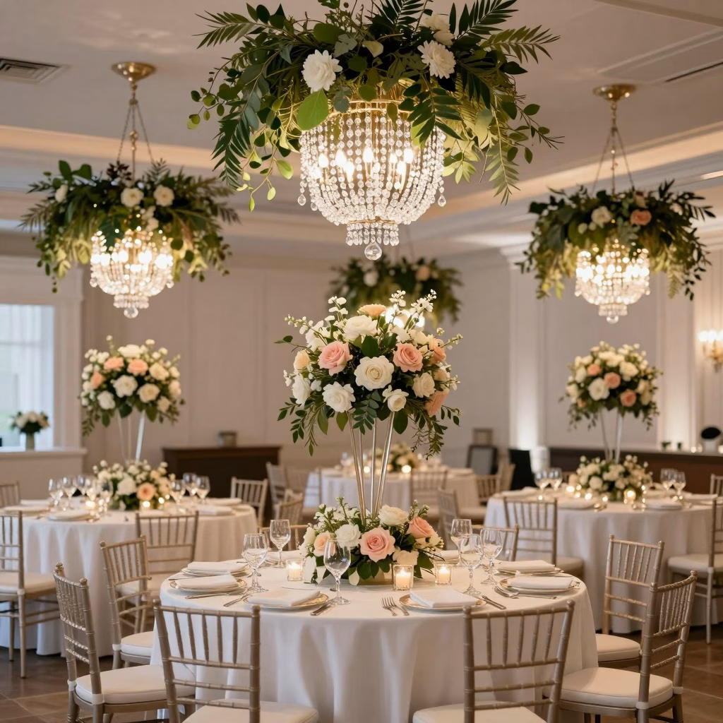 Réception de mariage moderne avec centres de table floraux élégants