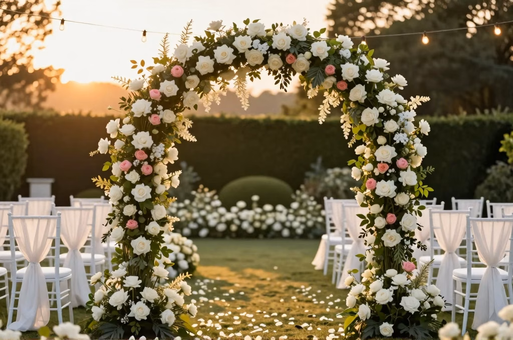 Buitenceremonie met bloemenboog, lichtjesguirlandes en elegante stoelen bij zonsondergang