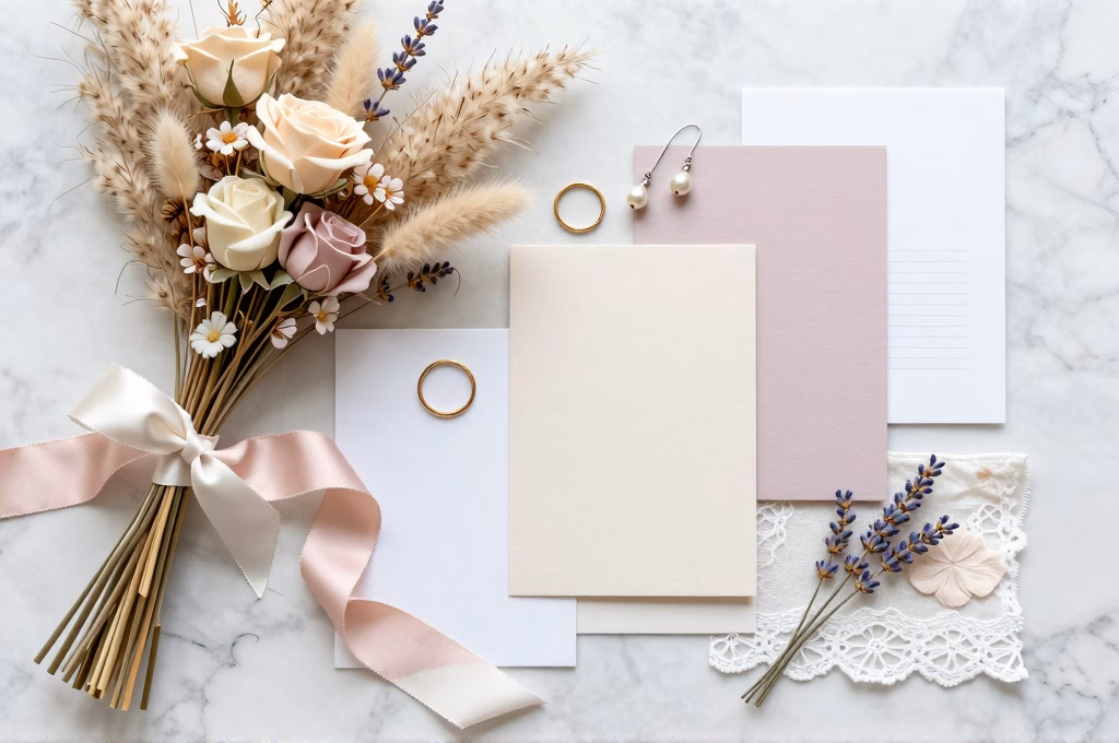 Mood board met trouwinspiratie: bruidsaccessoires, droogbloemen en zijden linten in een pastelkleurenpalet