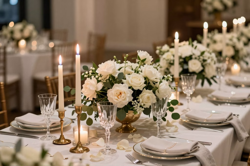 Elegante huwelijksreceptietafel met florale middenstukken, kaarsen en verfijnd servies