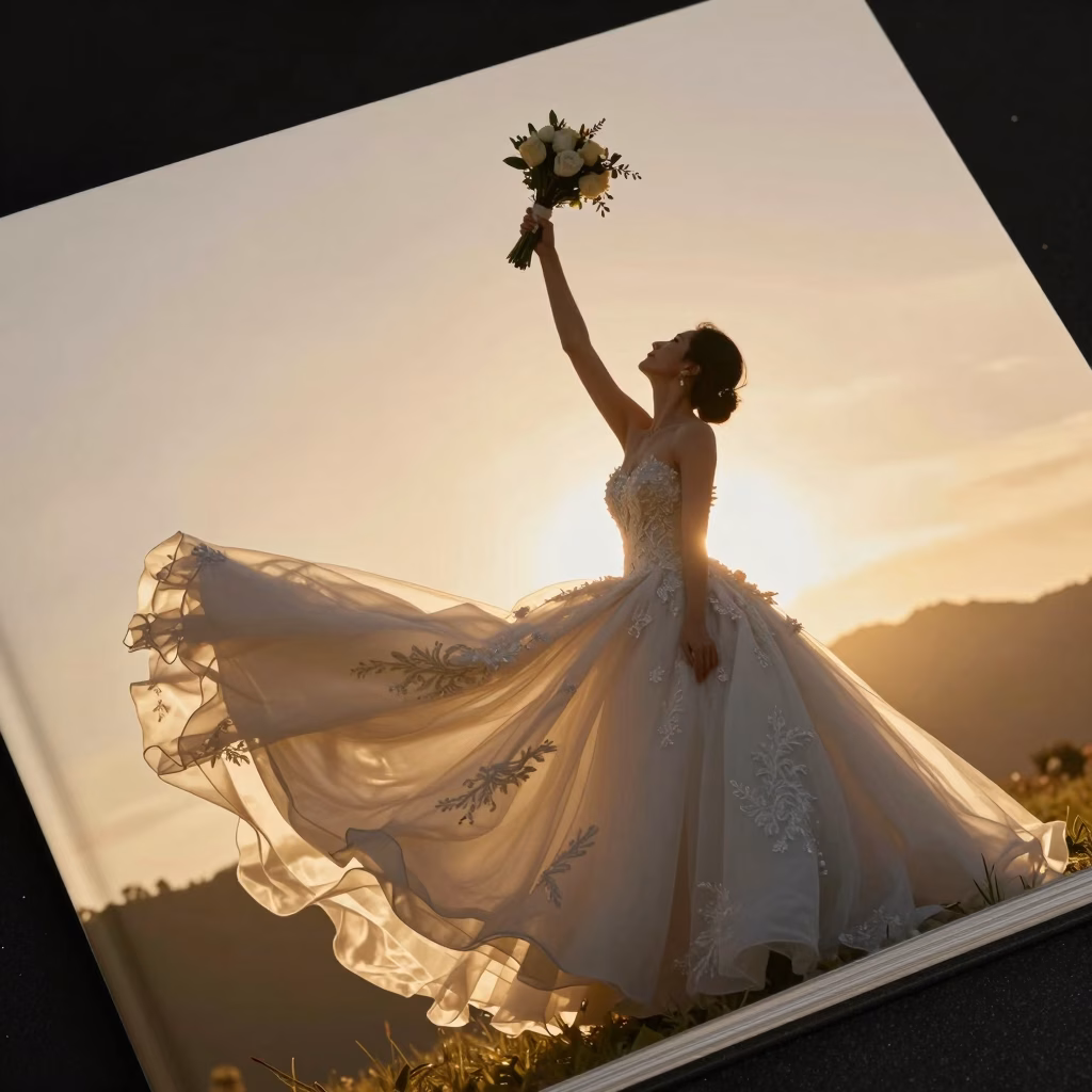 Mari&eacute;e en mouvement lors d&rsquo;une s&eacute;ance photo artistique au coucher de soleil