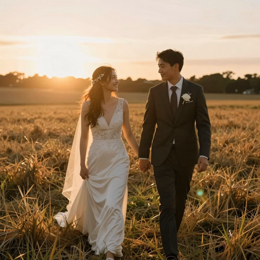 Couple de mariés marchant main dans la main dans un champ doré au coucher du soleil