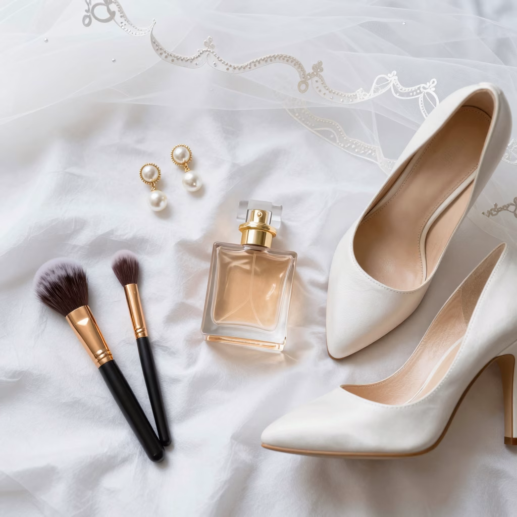 Accessoires de mariée avec boucles d'oreilles perles et parfum