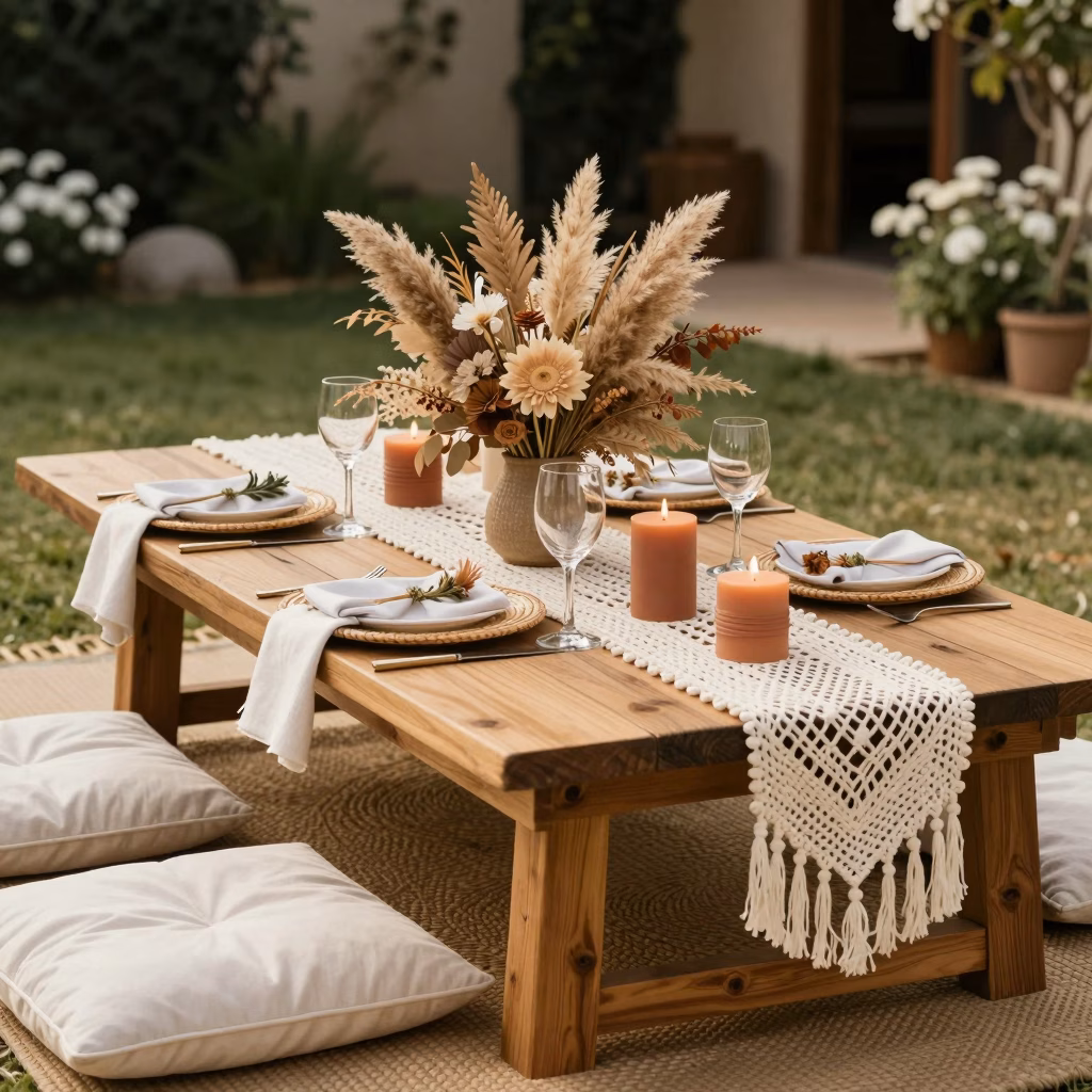 Decoration table mariage boheme avec pampa et bougies terracotta