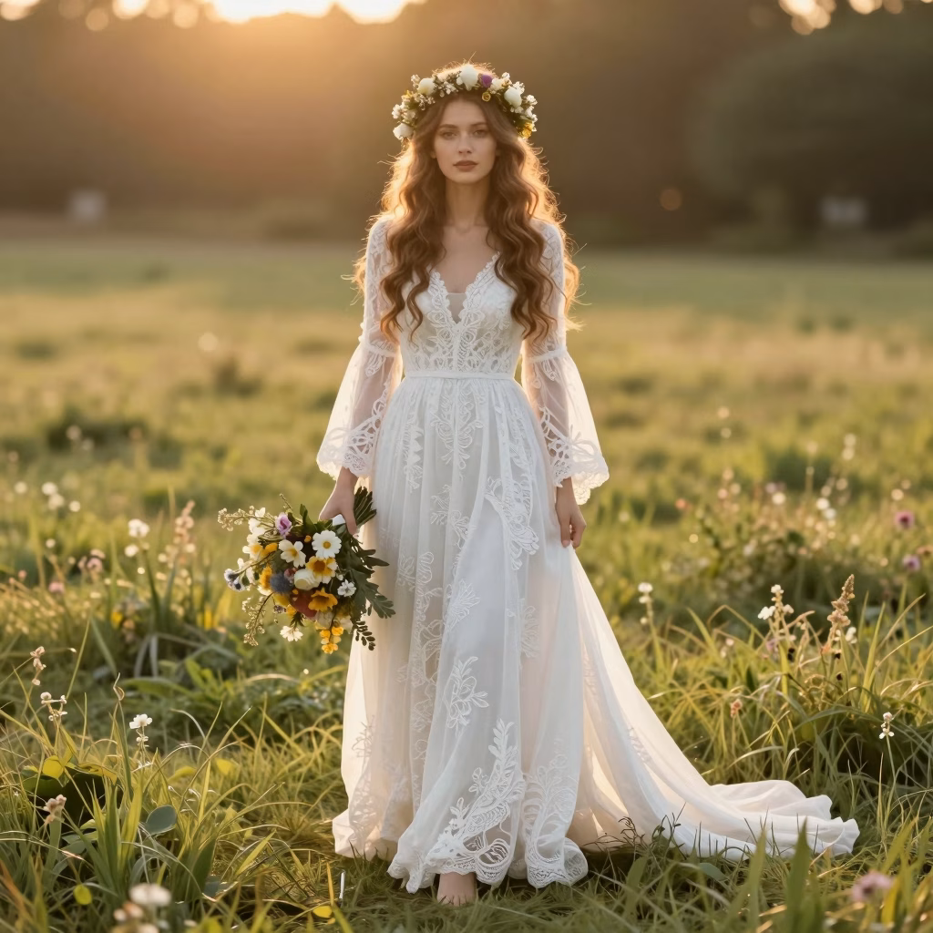 Robe de mariée bohème en dentelle avec couronne de fleurs