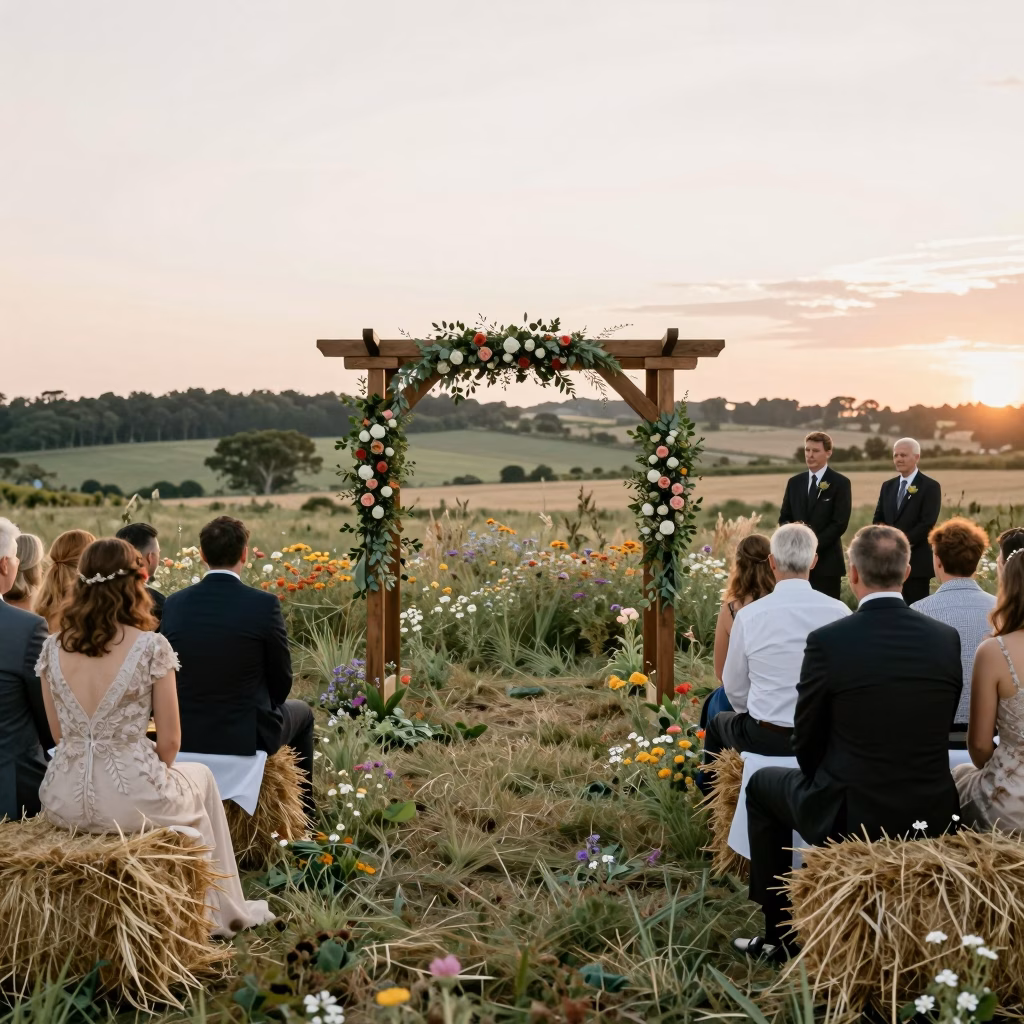Cérémonie de mariage champêtre en plein air avec arche en bois et fleurs des champs