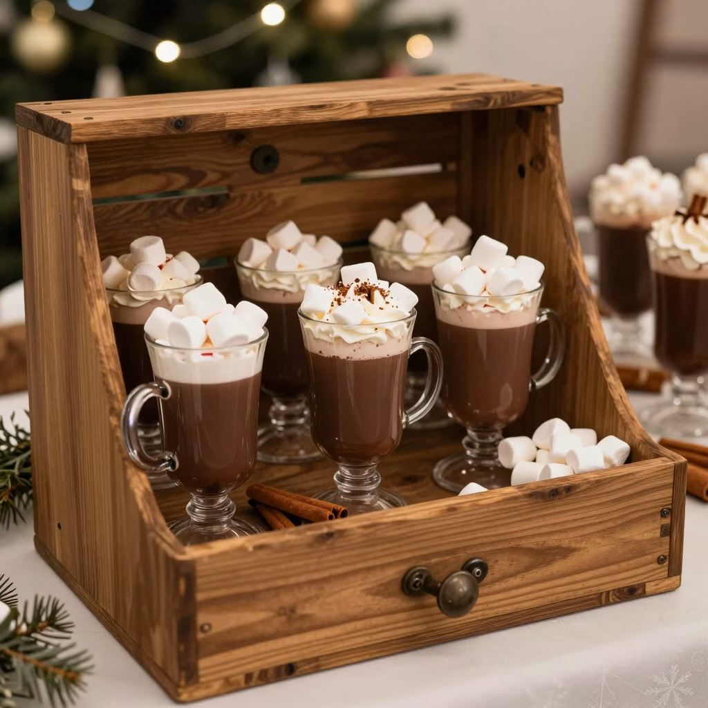 Table de mariage champ&ecirc;tre hivernal avec guirlandes de sapin, boissons chaudes et d&eacute;coration cocooning sous la neige