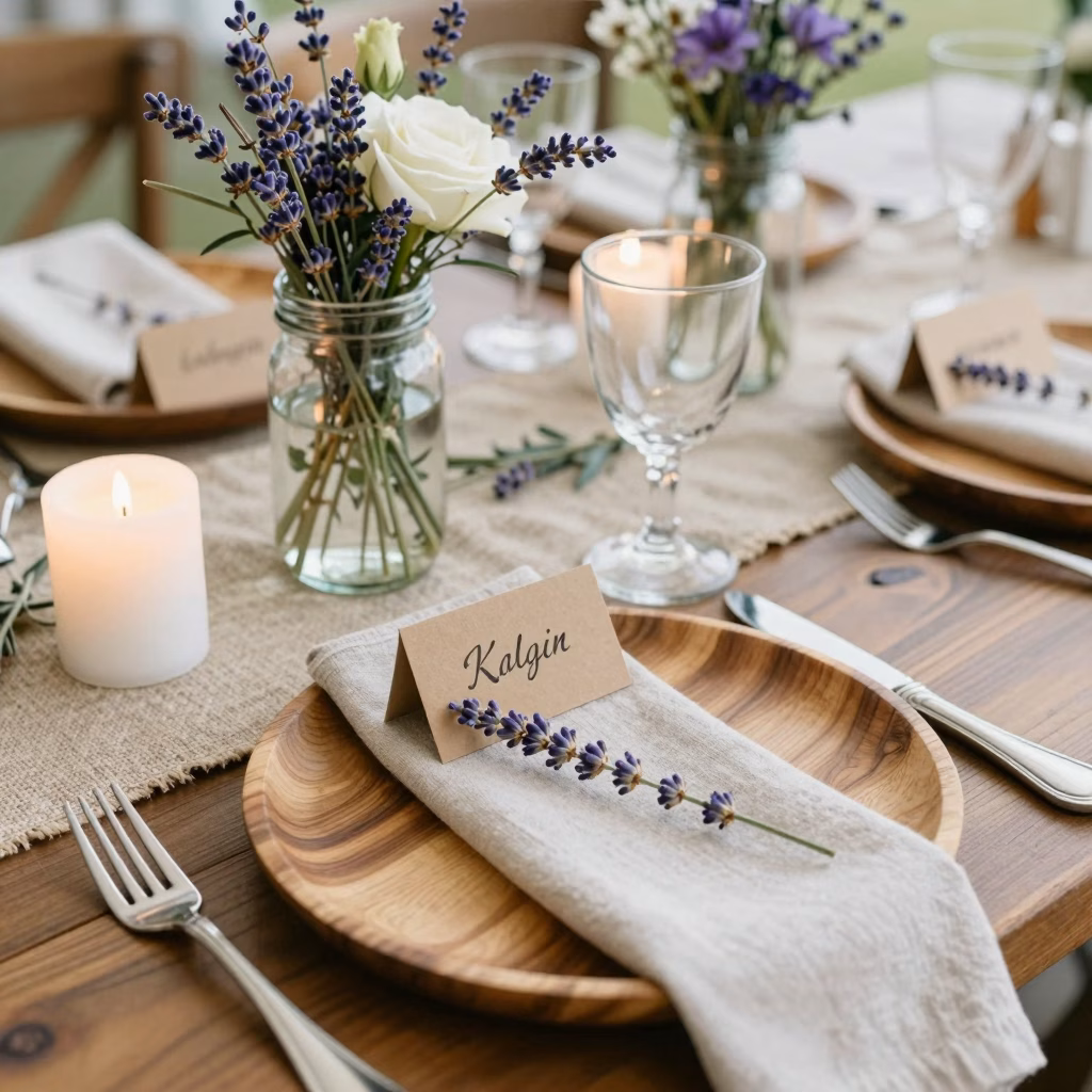Décoration de table champêtre avec bocaux de fleurs, toile de jute et bougies