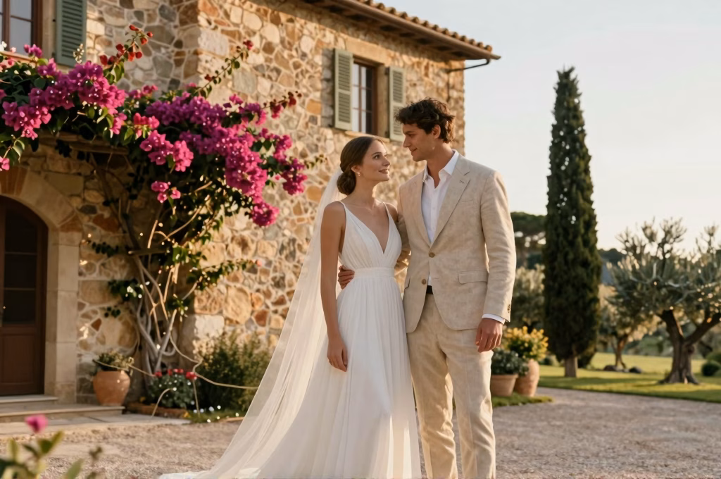 Couple de mariés posant devant une villa toscane en pierre avec bougainvilliers et cyprès