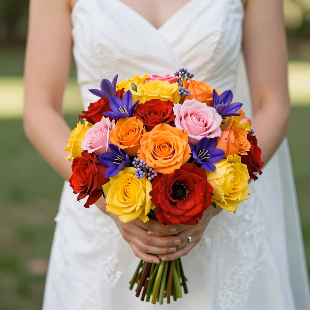 D&eacute;coration color&eacute;e pour un mariage th&egrave;me color&eacute; avec des fleurs multicolores et une table habill&eacute;e de teintes vives