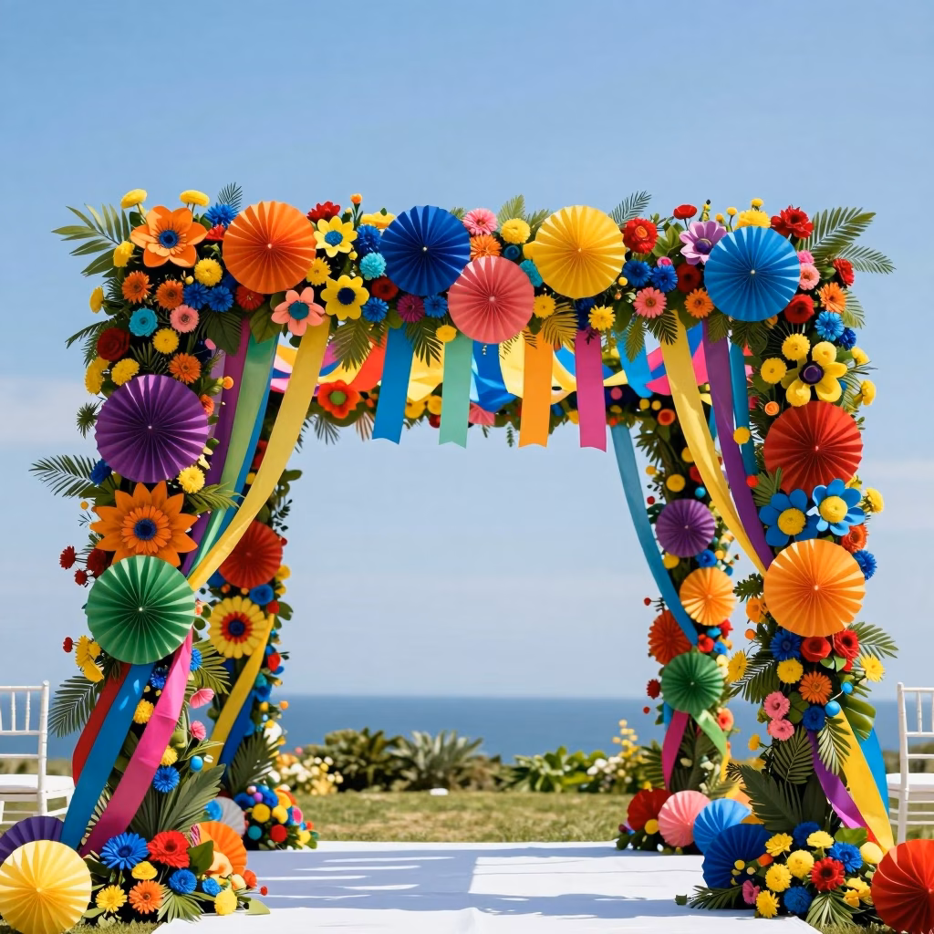 Arche de cérémonie colorée avec fleurs arc-en-ciel et rubans