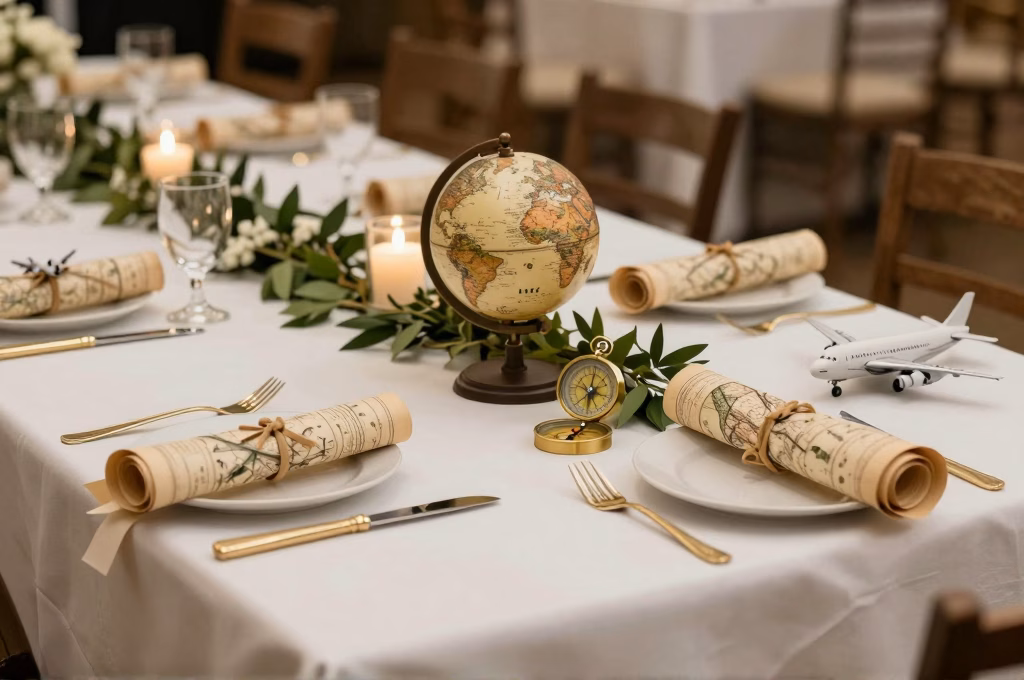 Table de mariage theme voyage avec globe miniature, boussoles en laiton et guirlande de verdure