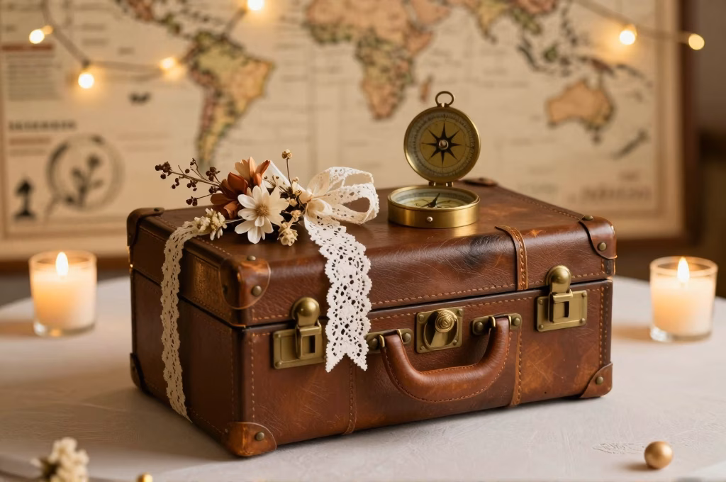 Urne de mariage theme voyage en forme de malle ancienne decoree de fleurs sechees et boussole