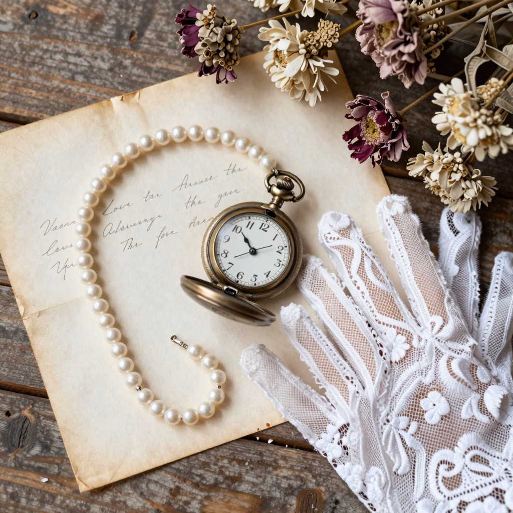 D&eacute;coration de mariage vintage avec chandeliers en laiton, napperons en dentelle et vaisselle ancienne sur une table en bois rustique