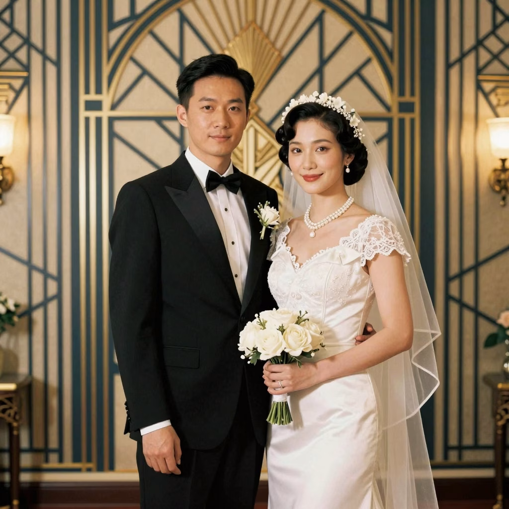 Couple de mari&eacute;s dans un jardin europ&eacute;en &eacute;l&eacute;gant, robe de mari&eacute;e en dentelle vintage avec voile cath&eacute;drale et bouquet de pivoines roses