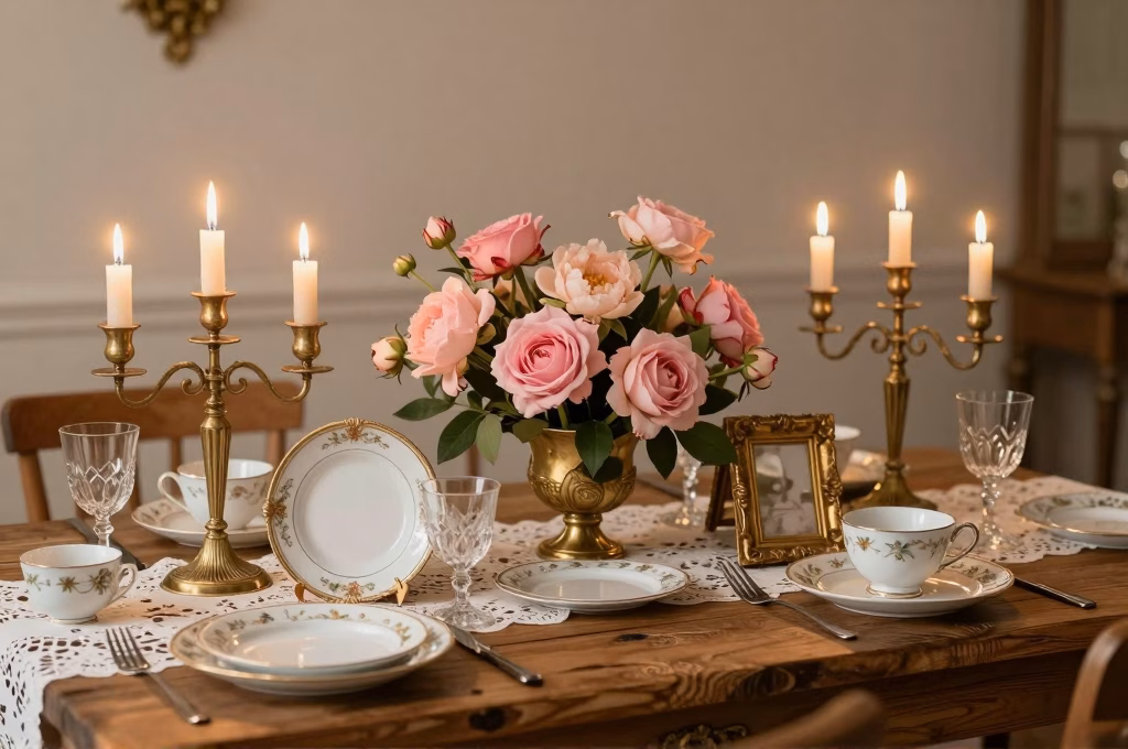 Vintage bruiloft decoratie met messing kandelaars, kanten kleedjes en antiek serviesgoed op een rustieke houten tafel