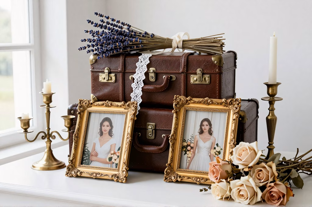 Vintage bruiloft receptiedetails met antieke leren koffers, vergulde fotolijsten en gedroogde lavendel
