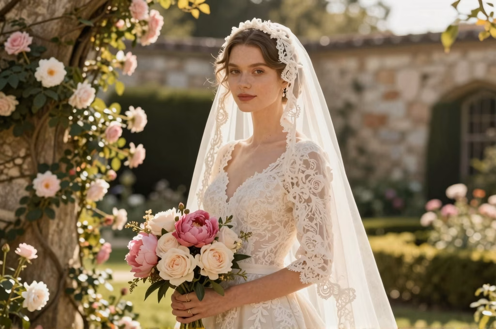 Bruid in een elegante vintage kanten trouwjurk met sluier en boeket van roze pioenrozen in een romantische Europese tuin