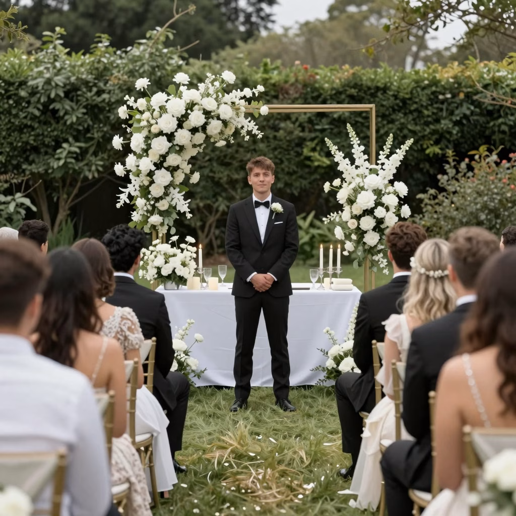 C&eacute;r&eacute;monie de micro-mariage intime dans un jardin &eacute;l&eacute;gant avec d&eacute;coration florale blanche