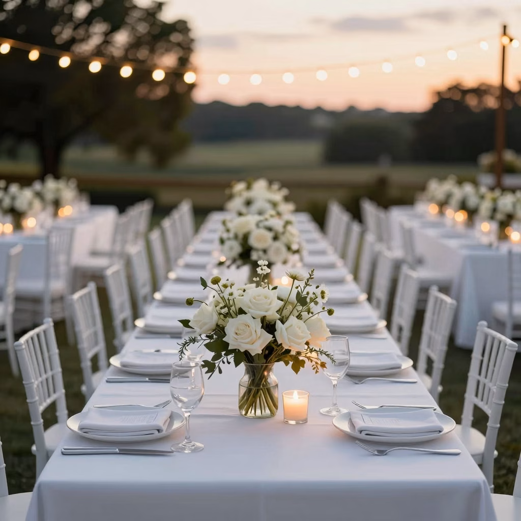 R&eacute;ception de micro-mariage avec table unique dress&eacute;e en ext&eacute;rieur sous des guirlandes lumineuses
