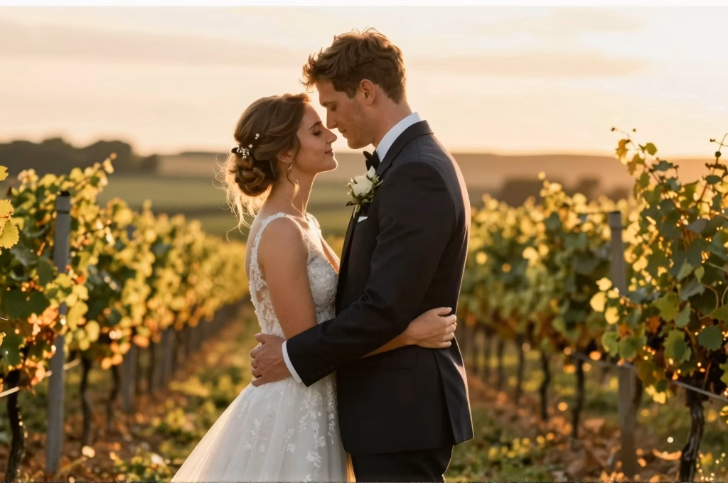 Couple de maries partageant un moment intime dans un vignoble au coucher du soleil