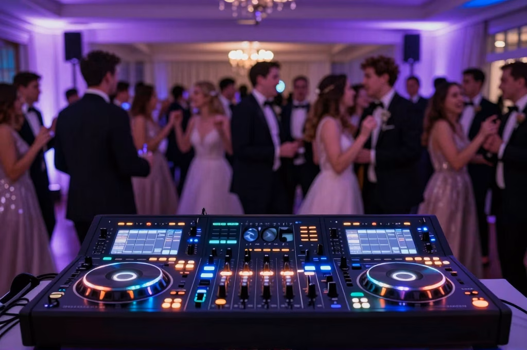 DJ professionnel animant la soirée dansante d'un mariage avec lumières colorées