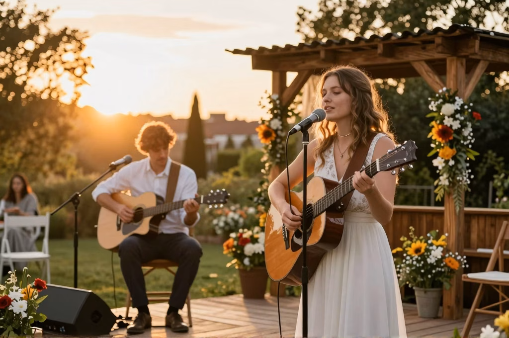 Groupe de musique live jouant lors d'une cérémonie de mariage en plein air au coucher du soleil