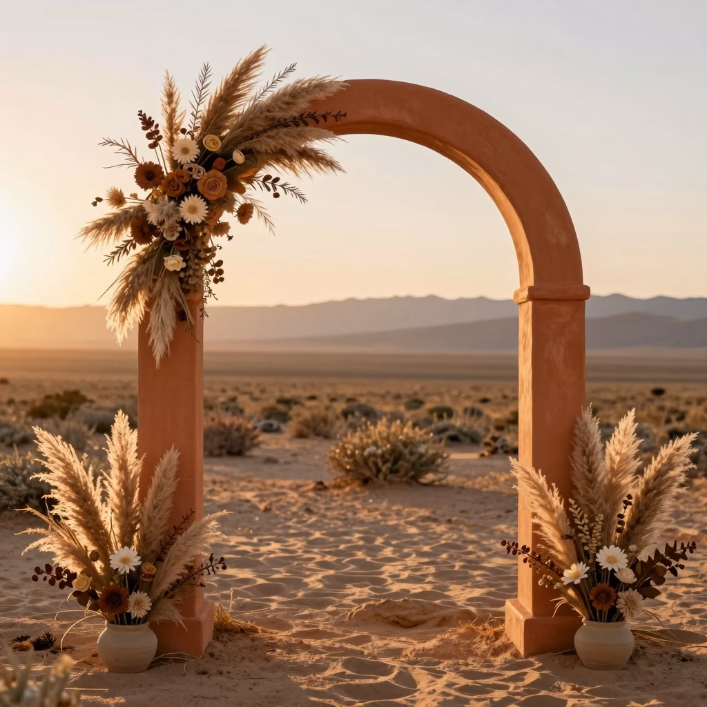Arche de c&eacute;r&eacute;monie de mariage terracotta avec voilages, poteries en terre cuite et feuillages m&eacute;diterran&eacute;ens