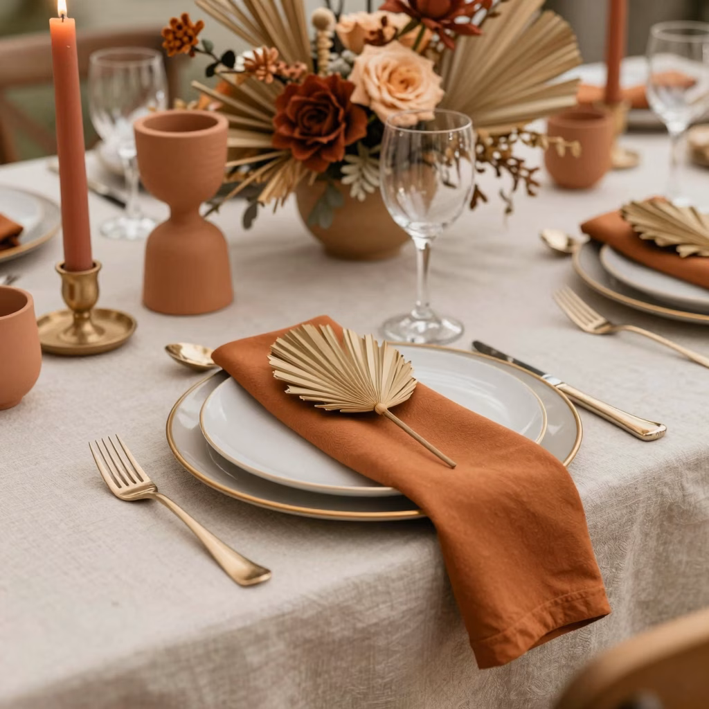 Détail de table mariage terracotta avec serviettes orangées et feuilles séchées
