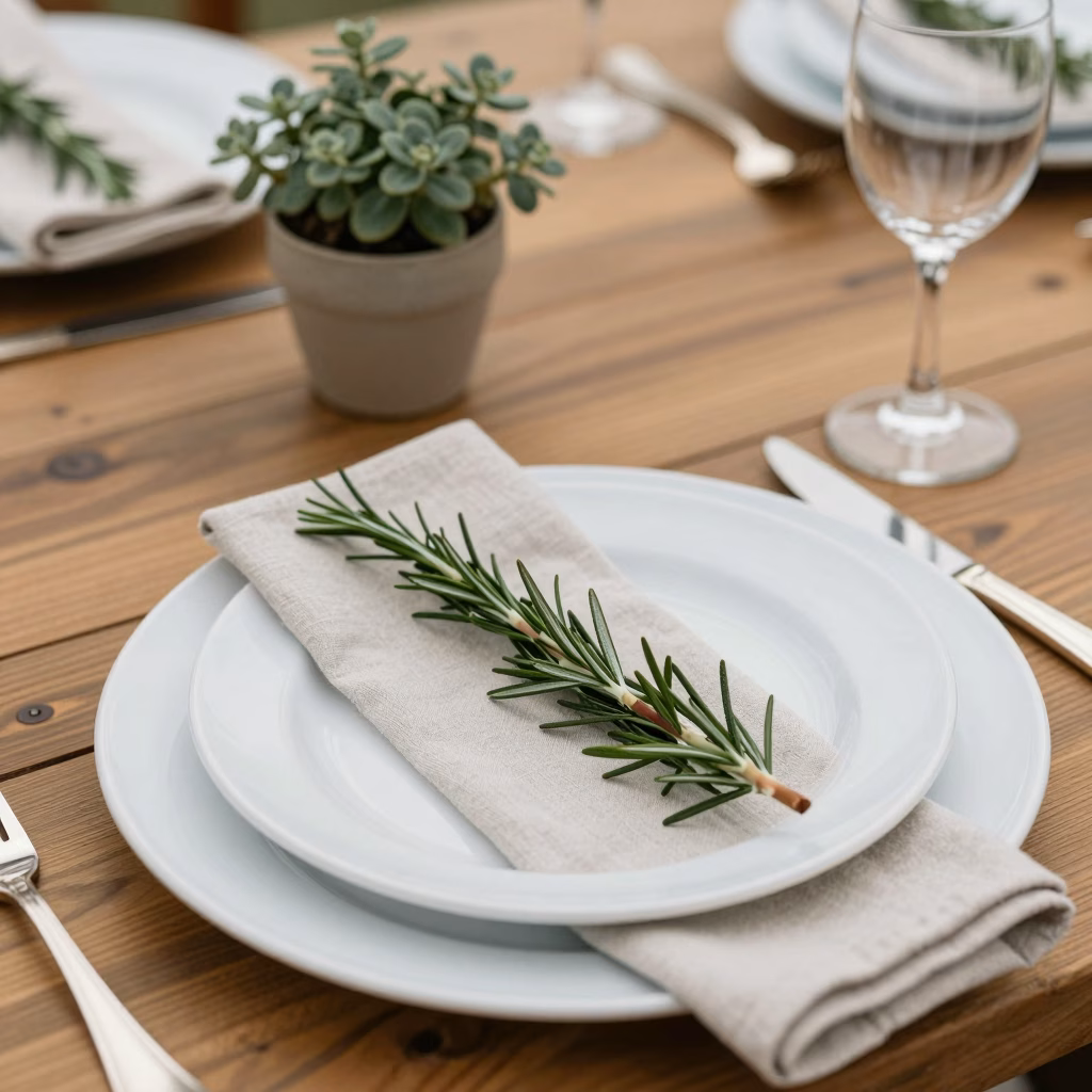 Détail de table champêtre avec assiettes blanches et romarin