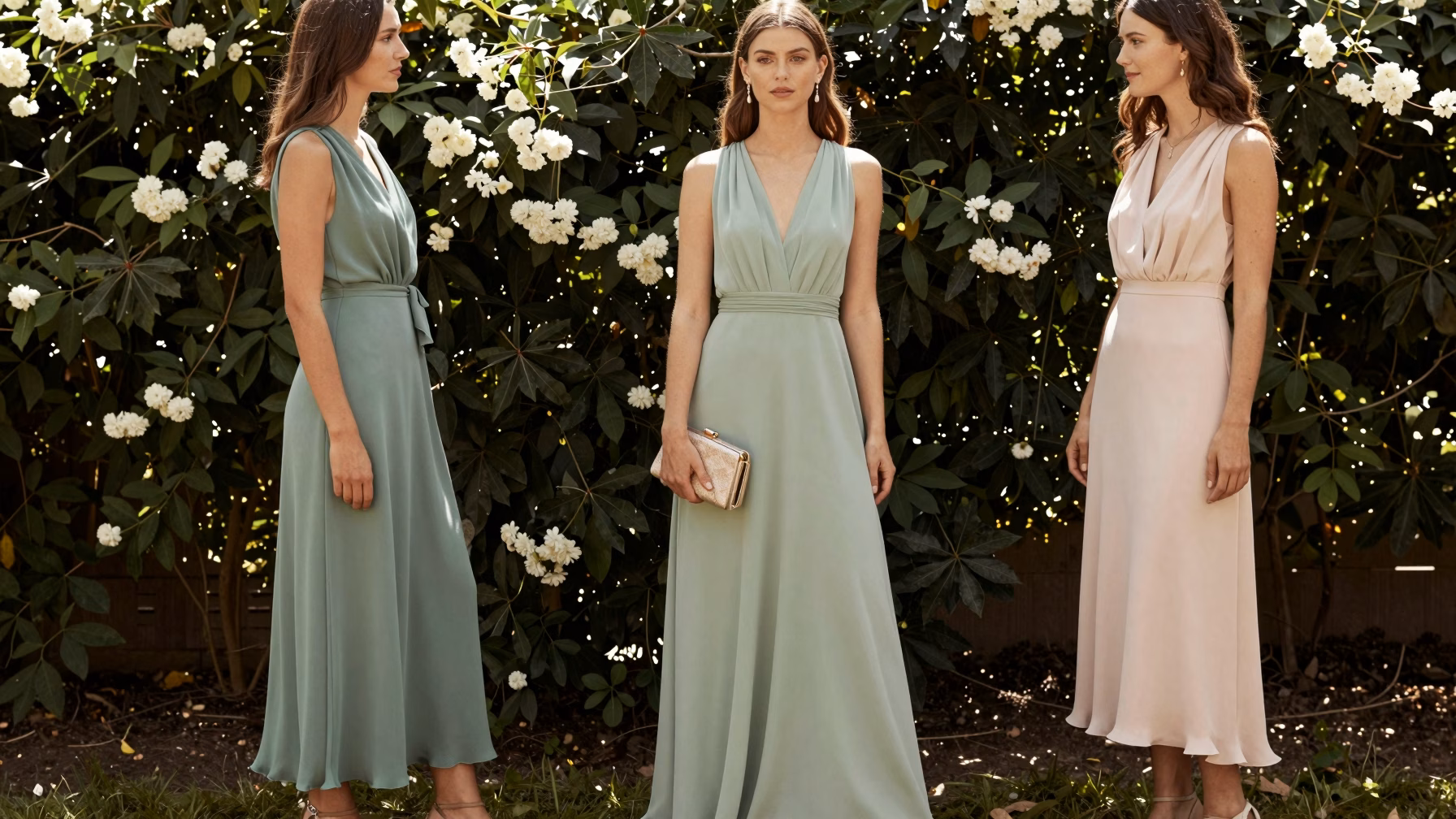 Femme &eacute;l&eacute;gante en robe midi vert sauge lors d’un mariage printanier en jardin