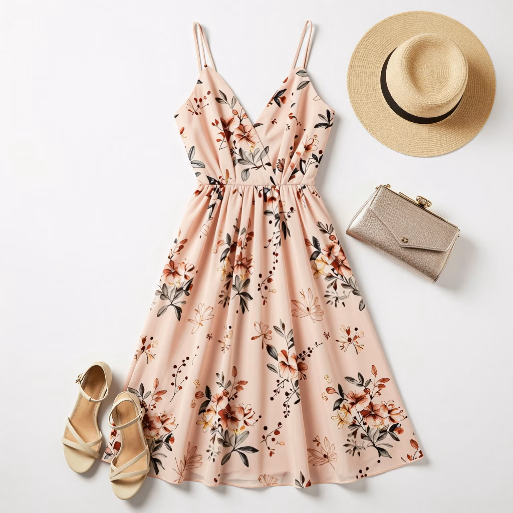 Tenue d'invitée de mariage estivale avec robe florale et accessoires