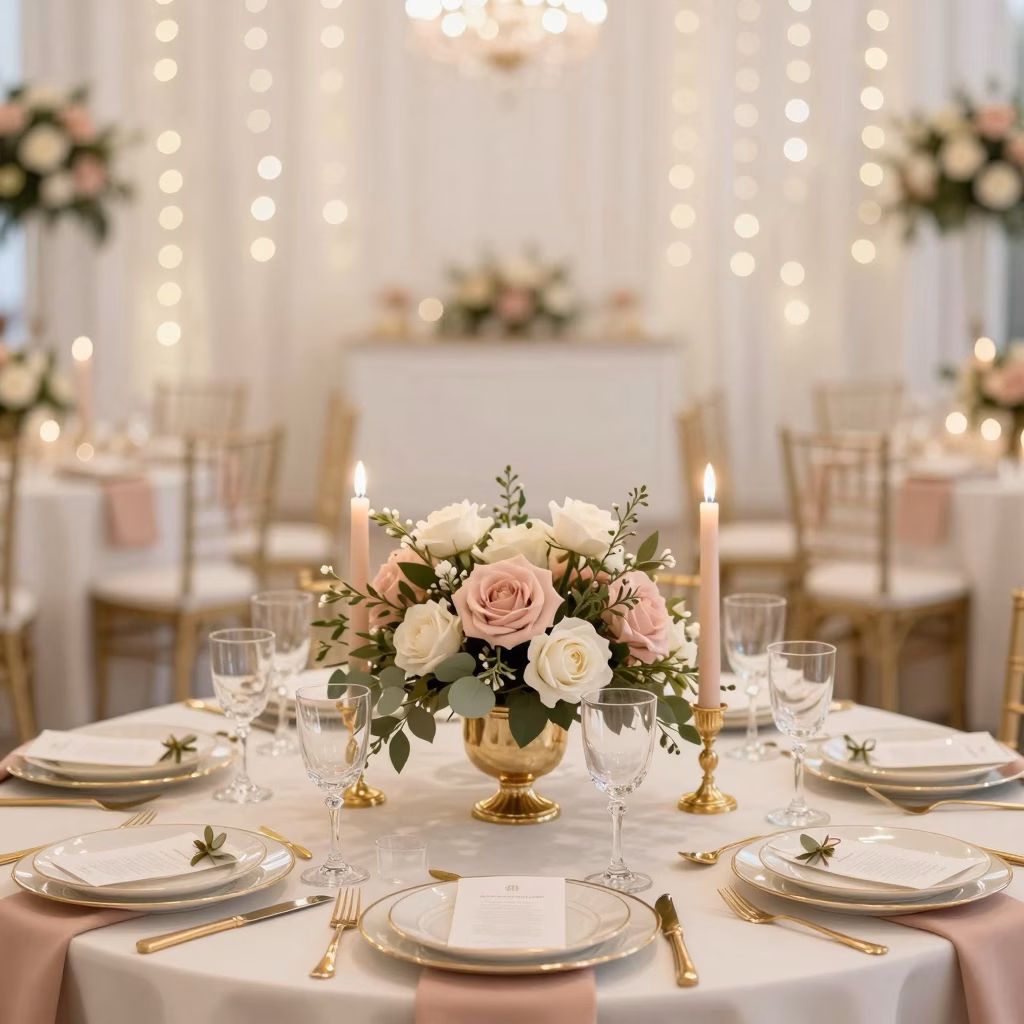 Decoration de table de mariage avec palette harmonieuse rose poudre et touches dorees