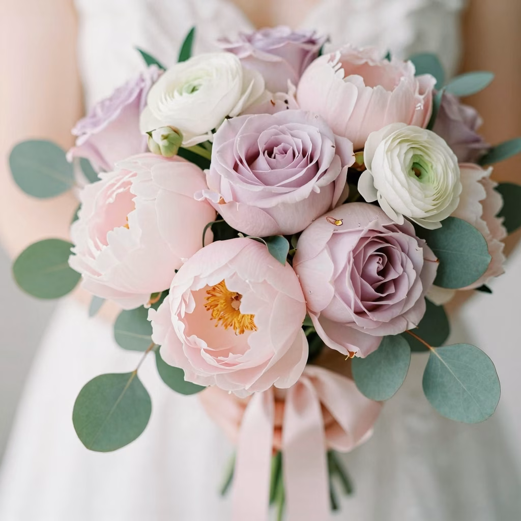 Bouquet de mariee dans des tons pastel lavande rose et blanc avec eucalyptus