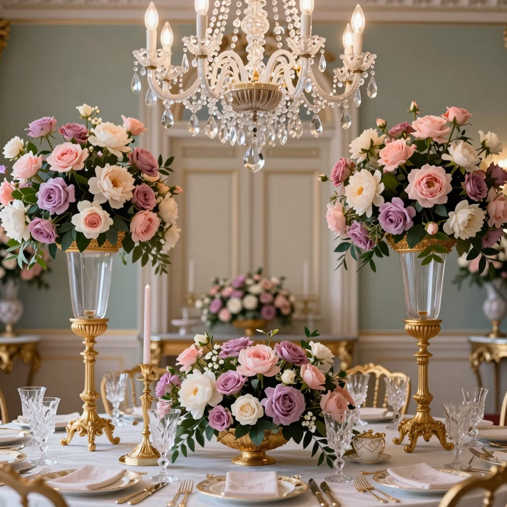 Décoration de mariage style Bridgerton avec roses, pivoines et lustres en cristal