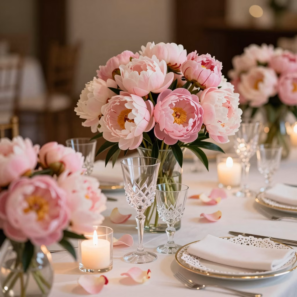 D&eacute;coration de table de mariage romantique avec bougies, roses poudr&eacute;es et vaisselle dor&eacute;e sur nappe ivoire
