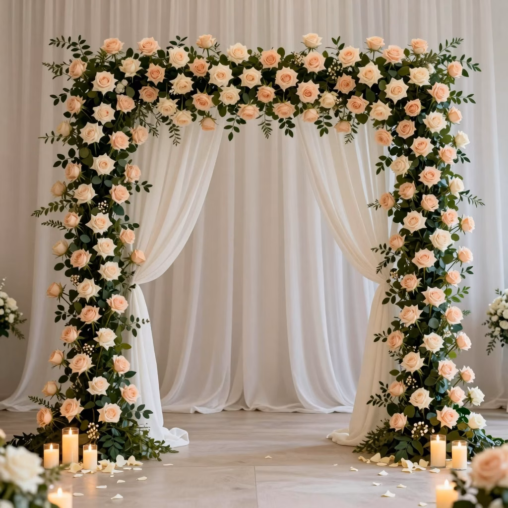 Arche de cérémonie romantique avec roses cascadantes et voilages