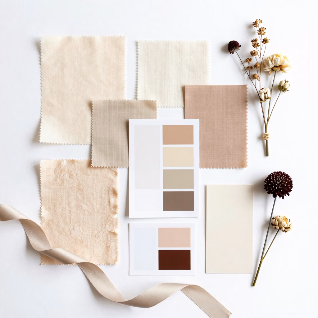 Mood board mariage avec échantillons de tissus et palette de couleurs