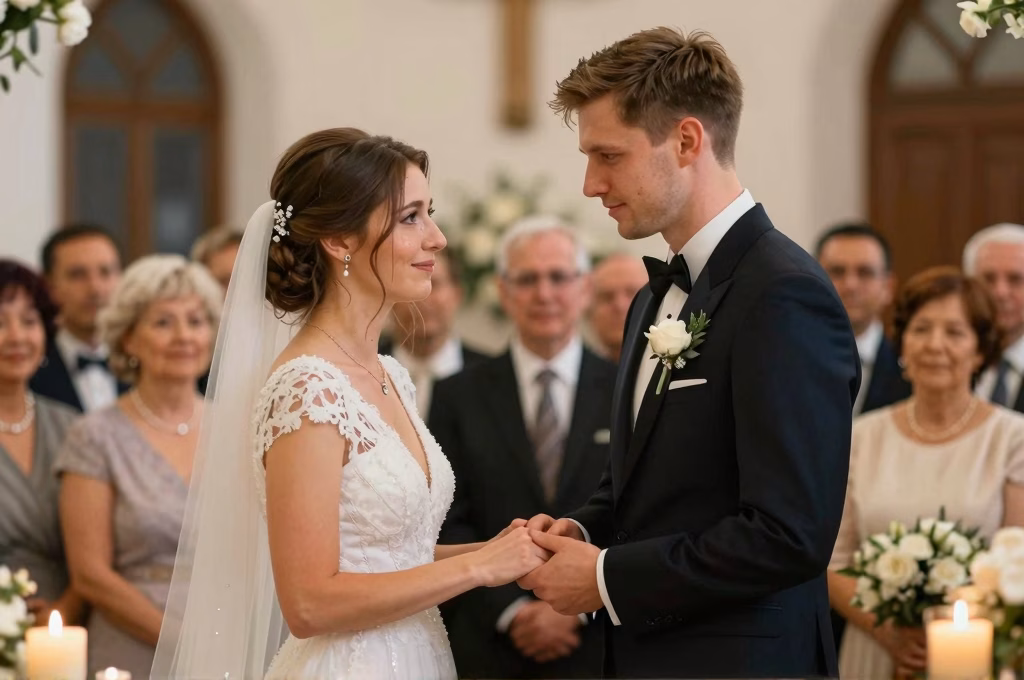 Cérémonie de mariage intime avec échange émotionnel de voeux modernes devant famille et amis