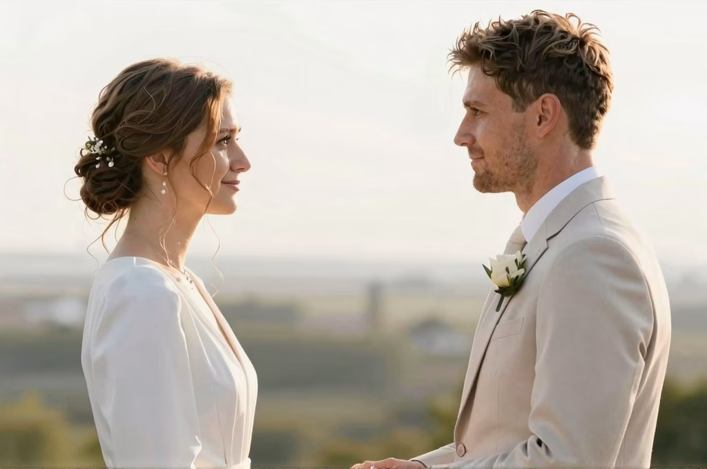 Couple échangeant tendrement leurs voeux de mariage modernes lors d'une cérémonie laïque en plein air