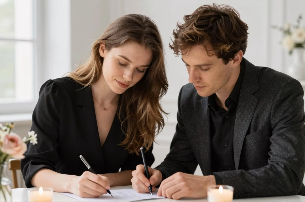 Couple rédigeant ensemble leurs voeux de mariage modernes dans une ambiance intime et romantique