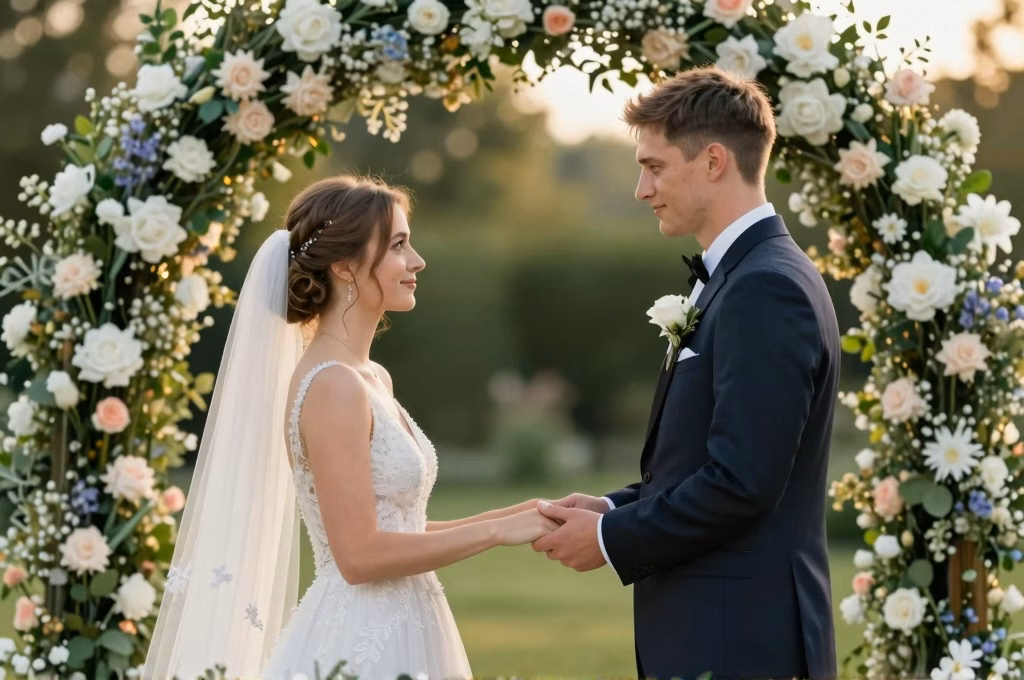 Couple echangeant leurs voeux de mariage lors d'une ceremonie laique en exterieur sous une arche fleurie