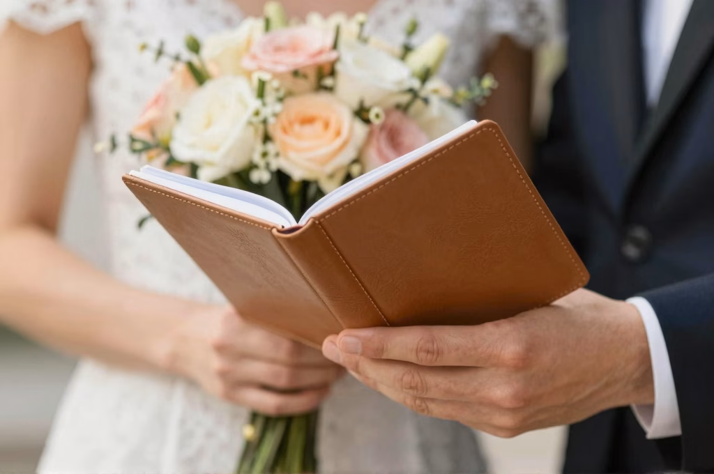 Mains de maries tenant un carnet de voeux avec un bouquet de fleurs en arriere-plan